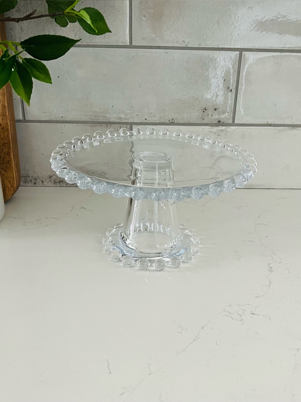 CANDLEWICK Style Clear Glass Beaded Dessert Stand